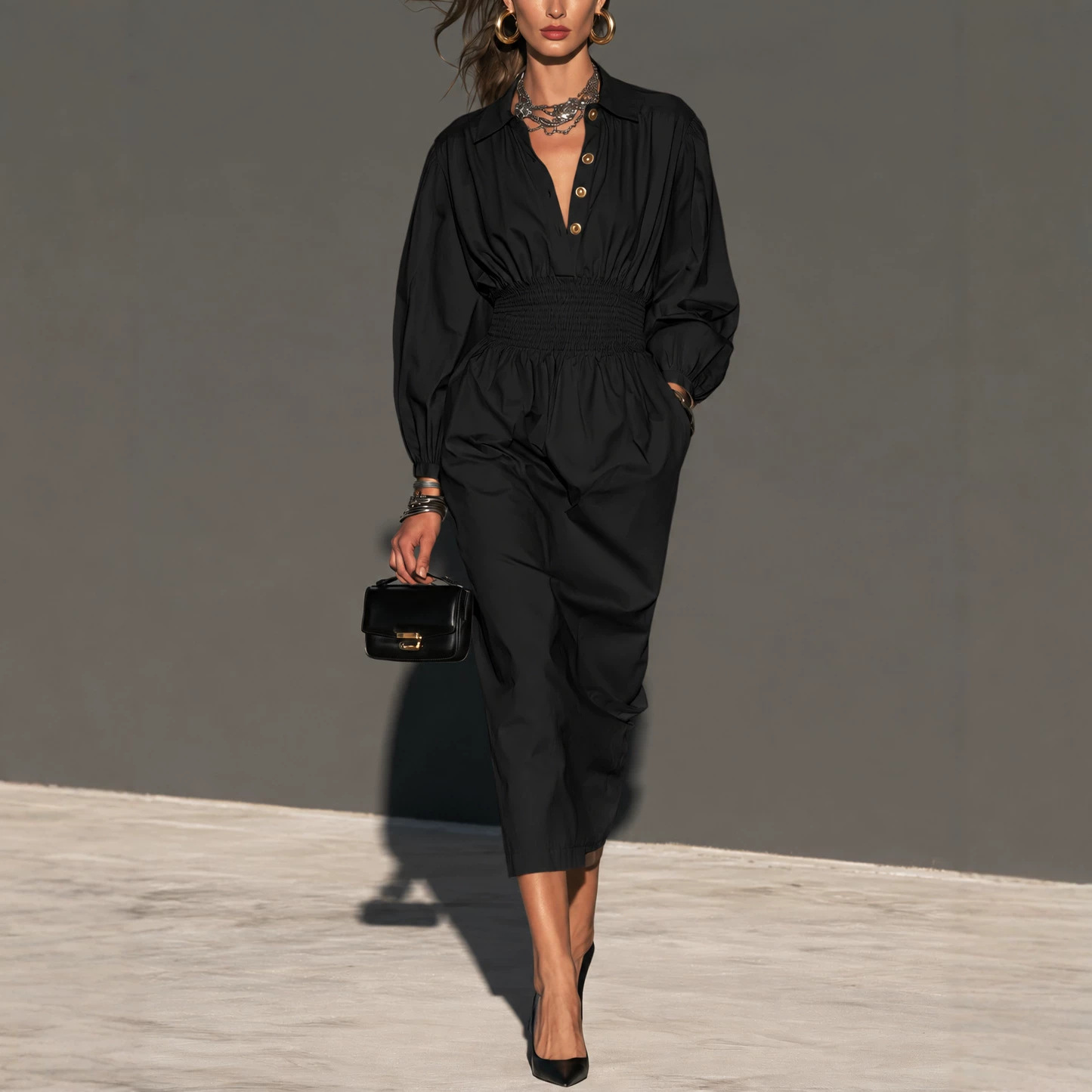Collared Button Waist-Cinched A-Line Midi Dress