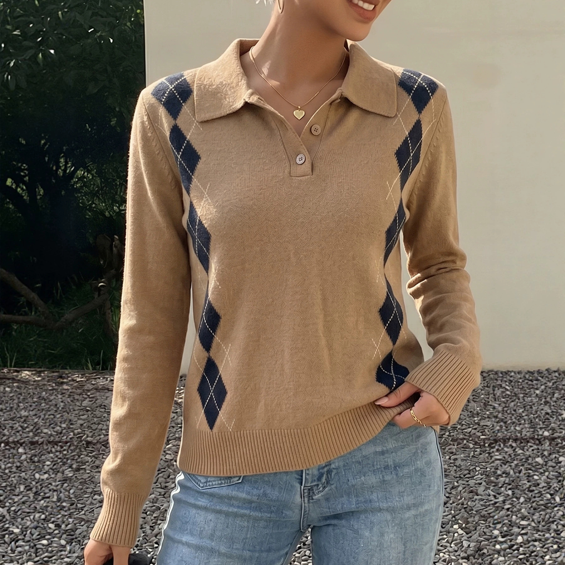 Women's Maillard Knit Cardigan Polo Neck Long Sleeve