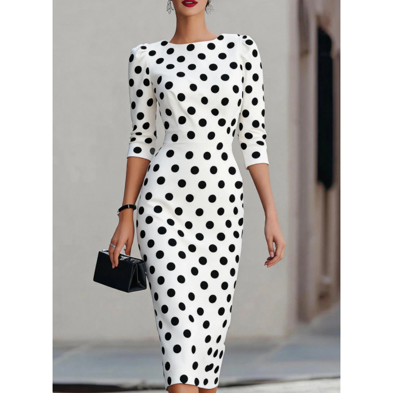 Color-Block Polka Dot Waist-Cinching Slim Fit Midi Dress