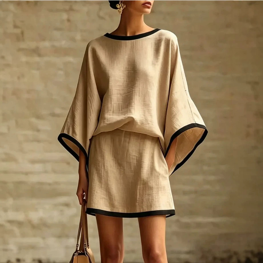Women's Cotton-Linen Batwing Sleeve Top and Skirt Two-Piece Set