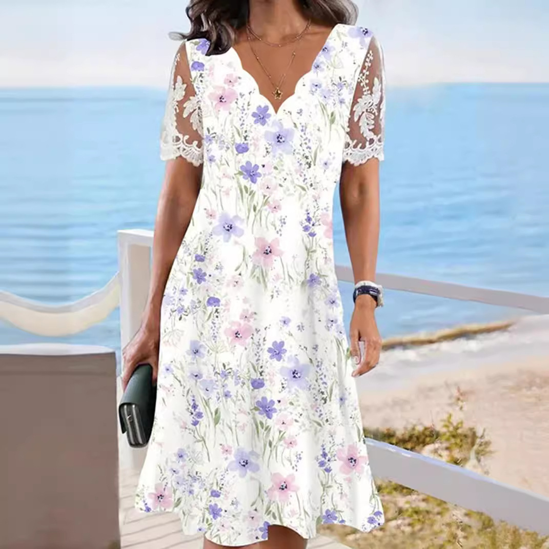 Women's Floral Print Lace Short Sleeve Wave Neck Dress