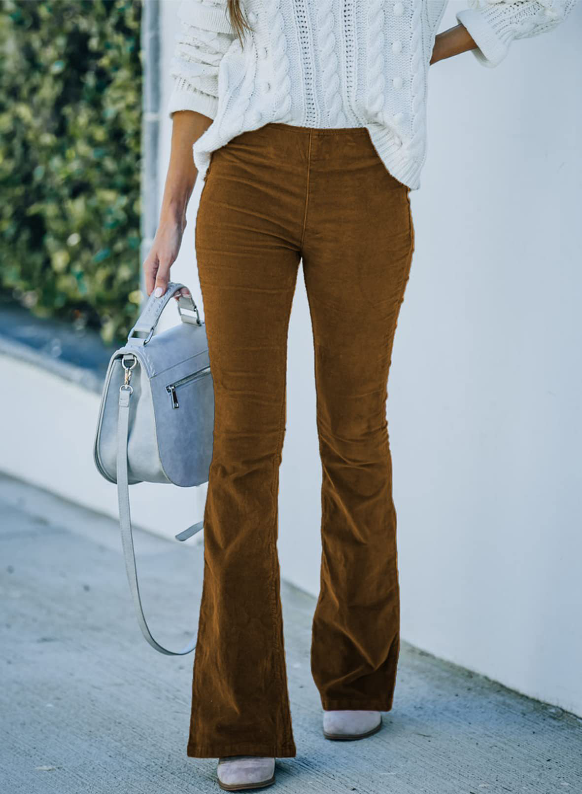 Women's Solid High-Waist Corduroy Flare Pants with Elastic Waist