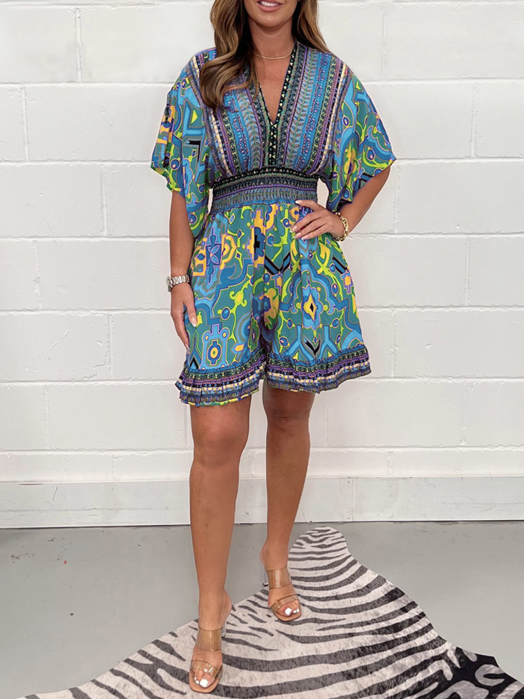 Women's Ethnic Print V-Neck Short Sleeve Jumpsuit