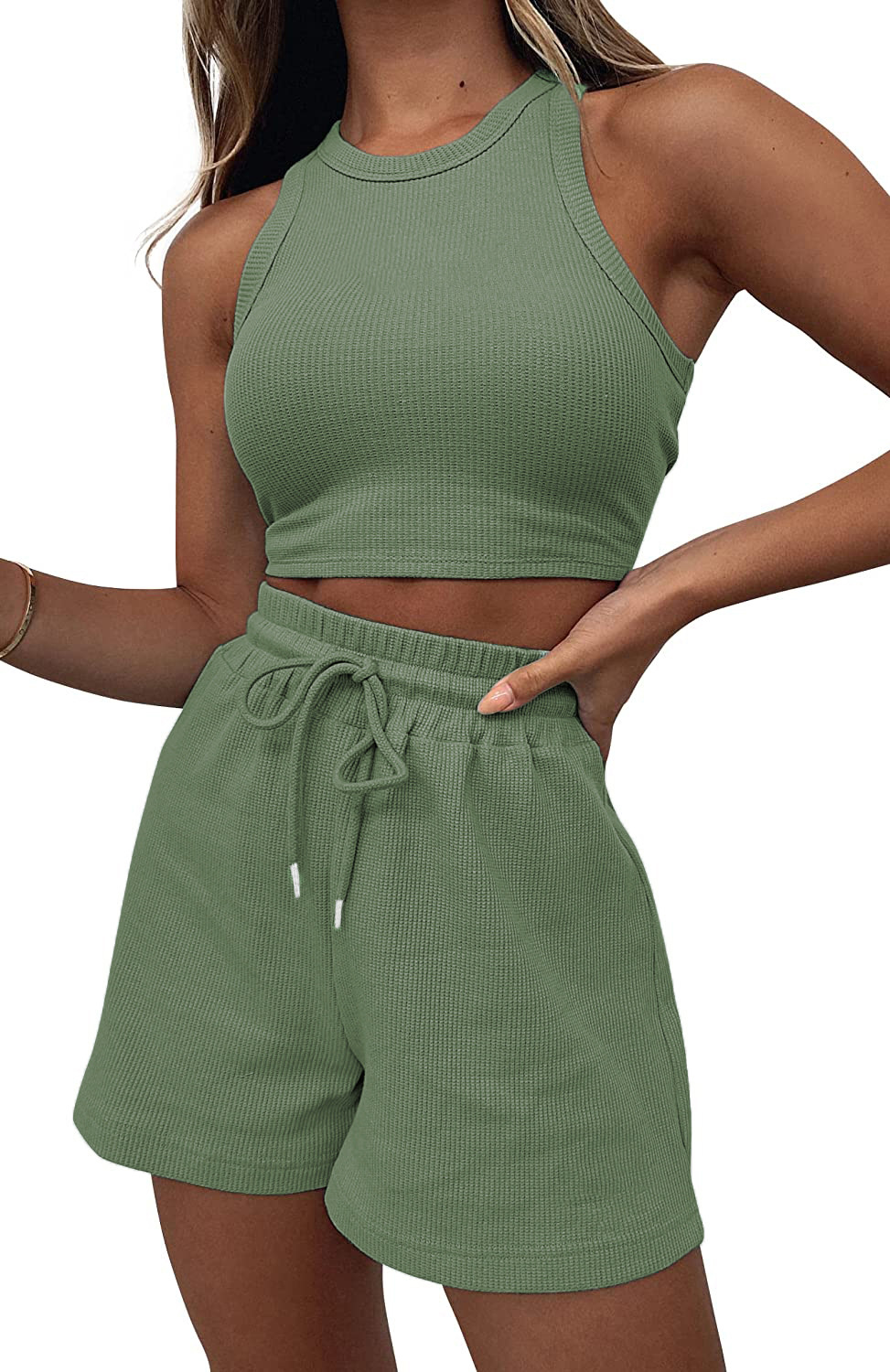Women's Sleeveless Waffle Knit Two-Piece Set Solid Color Tank and Shorts