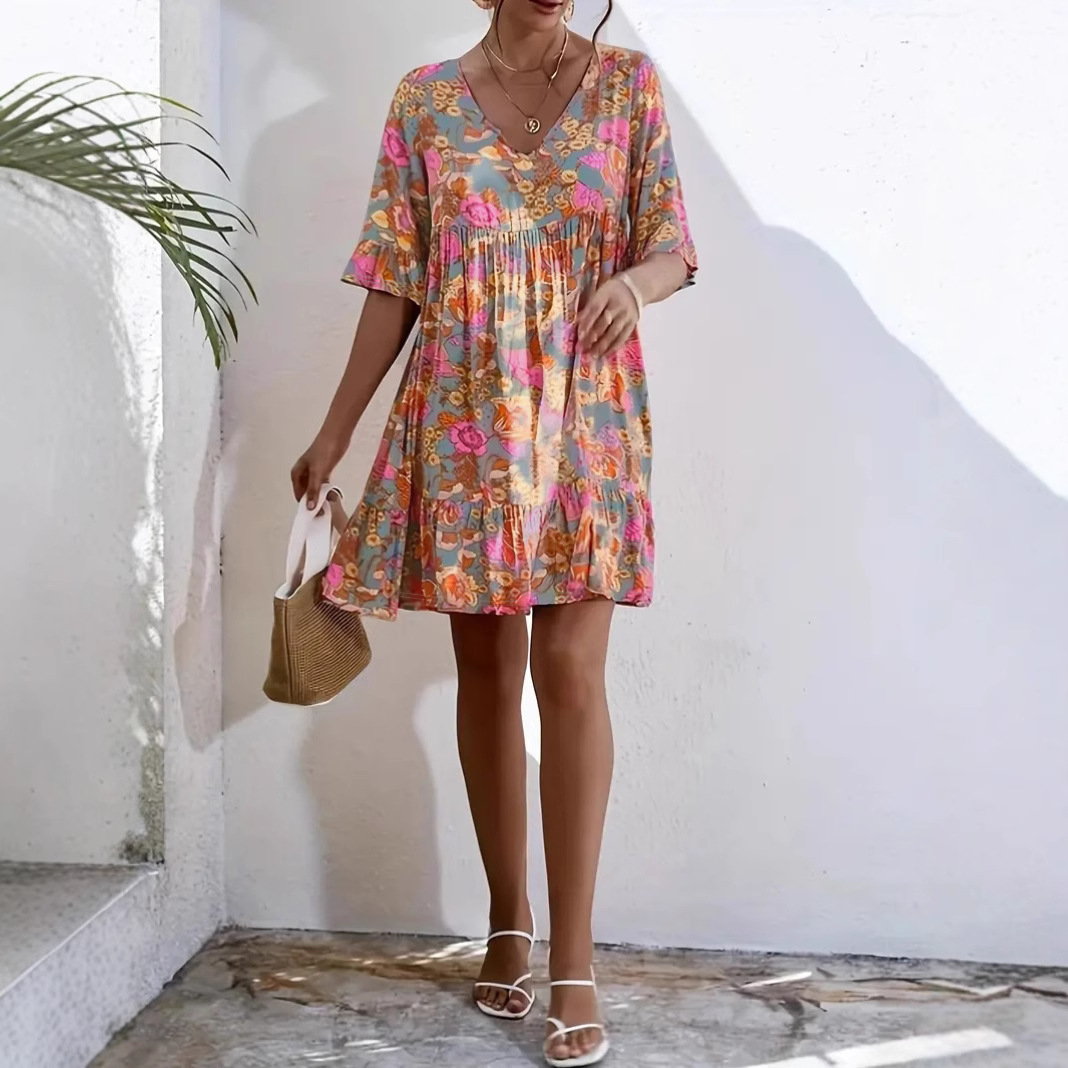 Women's V-Neck Floral Print Boho Dress Short Sleeve High Waist A-Line Orange