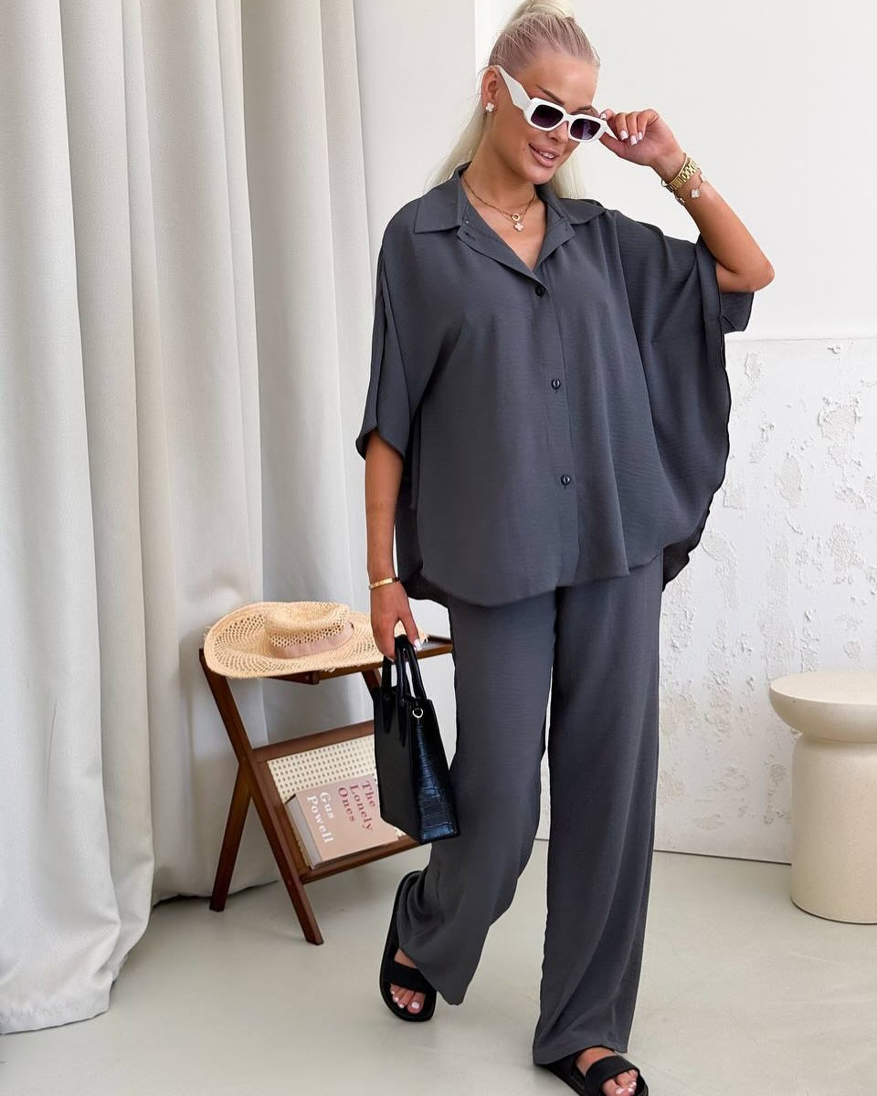 Women's Two-Piece Collared Shirt and Pants Set