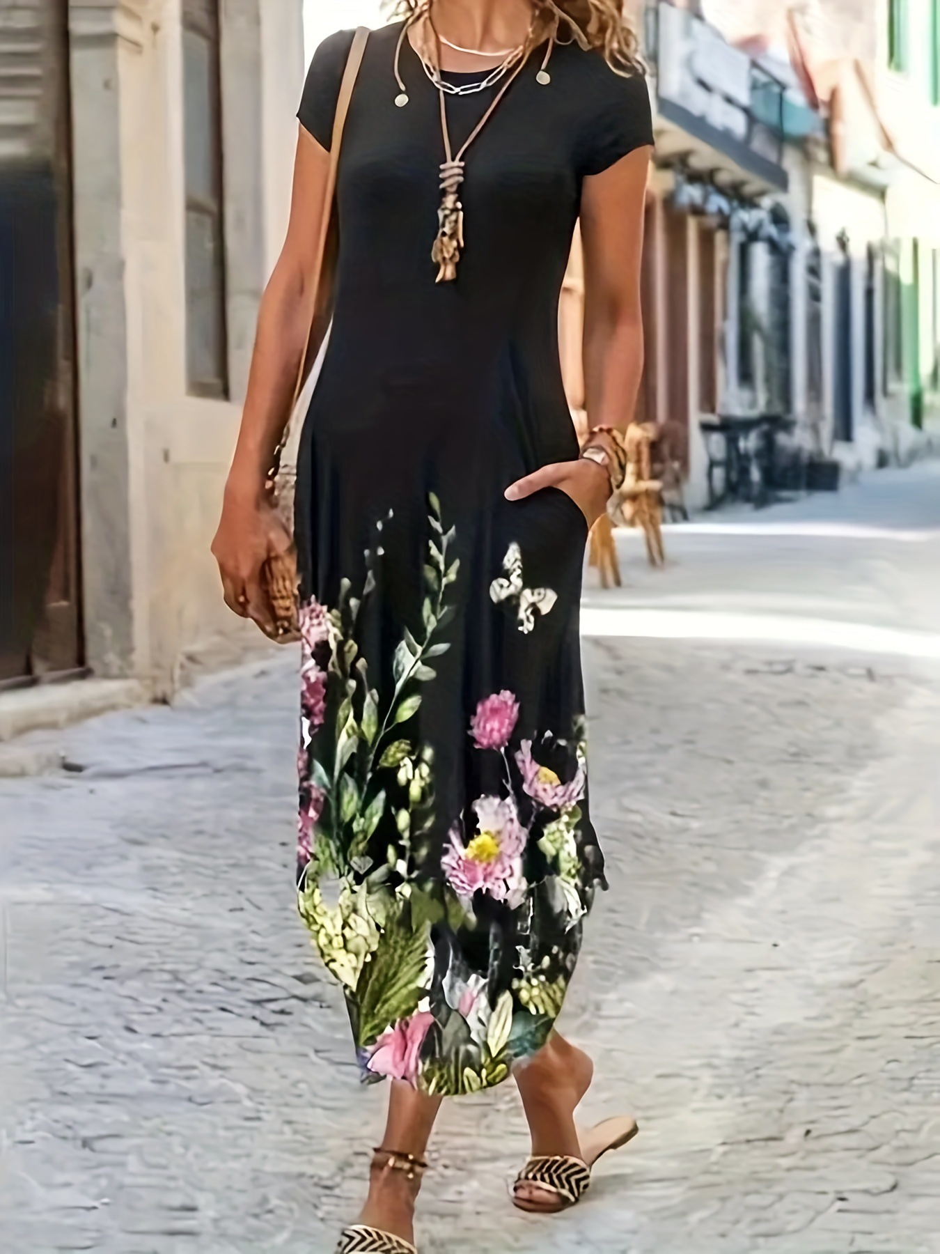 Floral Print Pocket Midi Dress Casual Short Sleeve A-Line