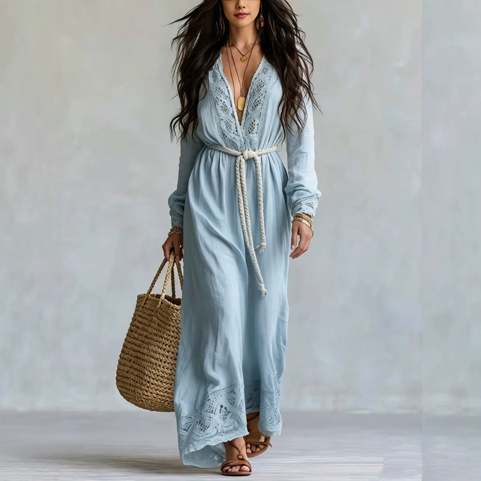 Bohemian V-Neck Lace Tie Long Dress