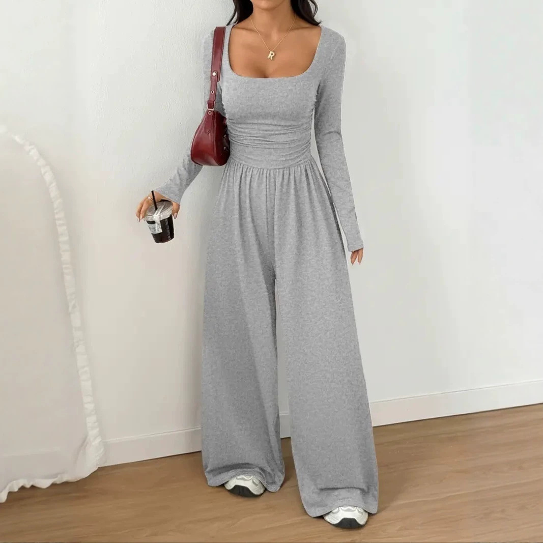Women's Solid Color Long Sleeve Wide Leg Jumpsuit Casual Minimalist