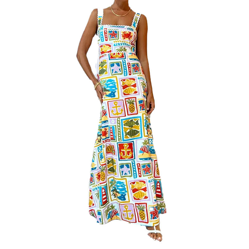 Women's Floral Print Cami Dress High Waist Square Neck Maxi