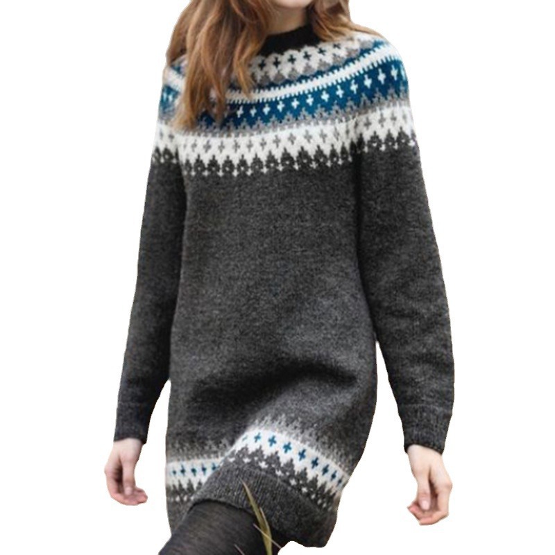 Icelandic Vintage Jacquard Knit Sweater Dress Long Sleeve Round Neck