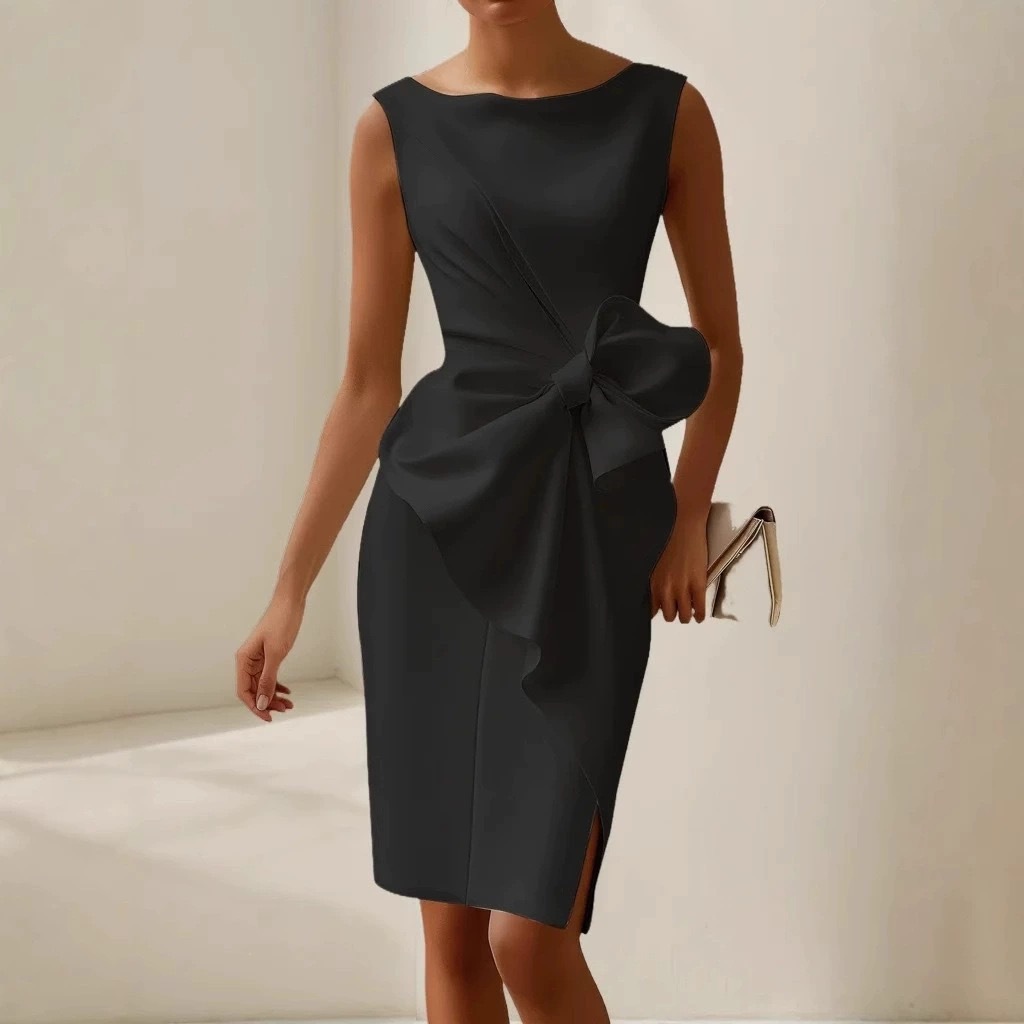 Solid Sleeveless Midi Dress with Bow