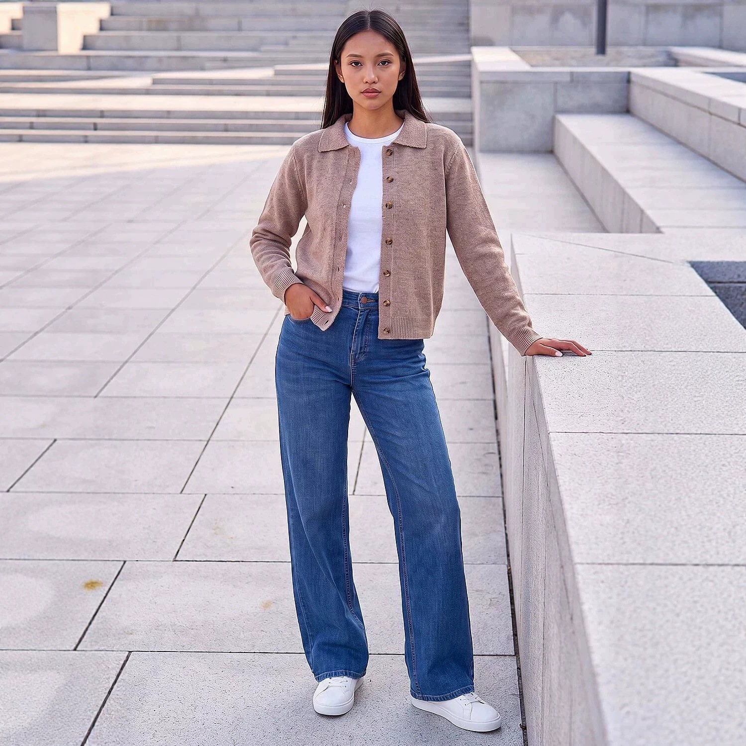 Women's Polo Collar Knit Cardigan Long Sleeve Short Coat
