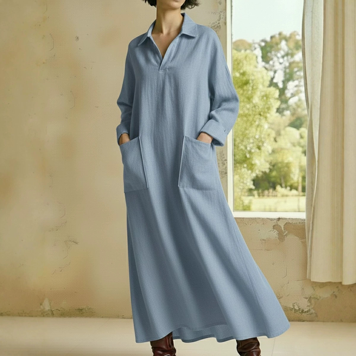Solid Color Polo Collar Double Pocket Long Sleeve A-Line Maxi Dress