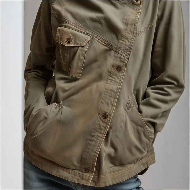 Vintage Stand Collar Asymmetrical Button Pocket Jacket