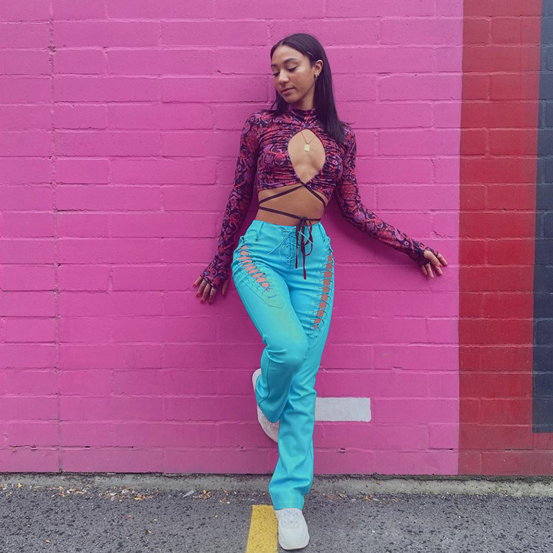 High-Waist Cutout Lace-Up Straight-Leg Slimming Faux Leather Pants