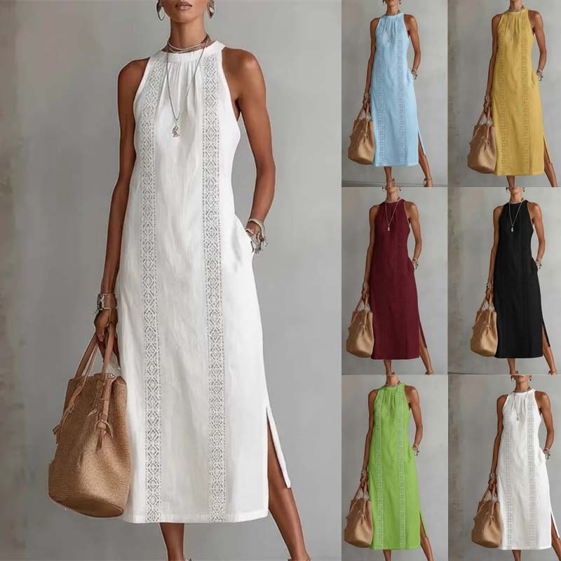 Women's Halter Neck Sleeveless Lace Panel Dress Solid Color
