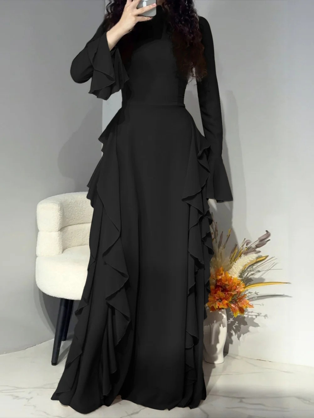 Elegant High-Waist Solid Bell-Sleeve Long Dress