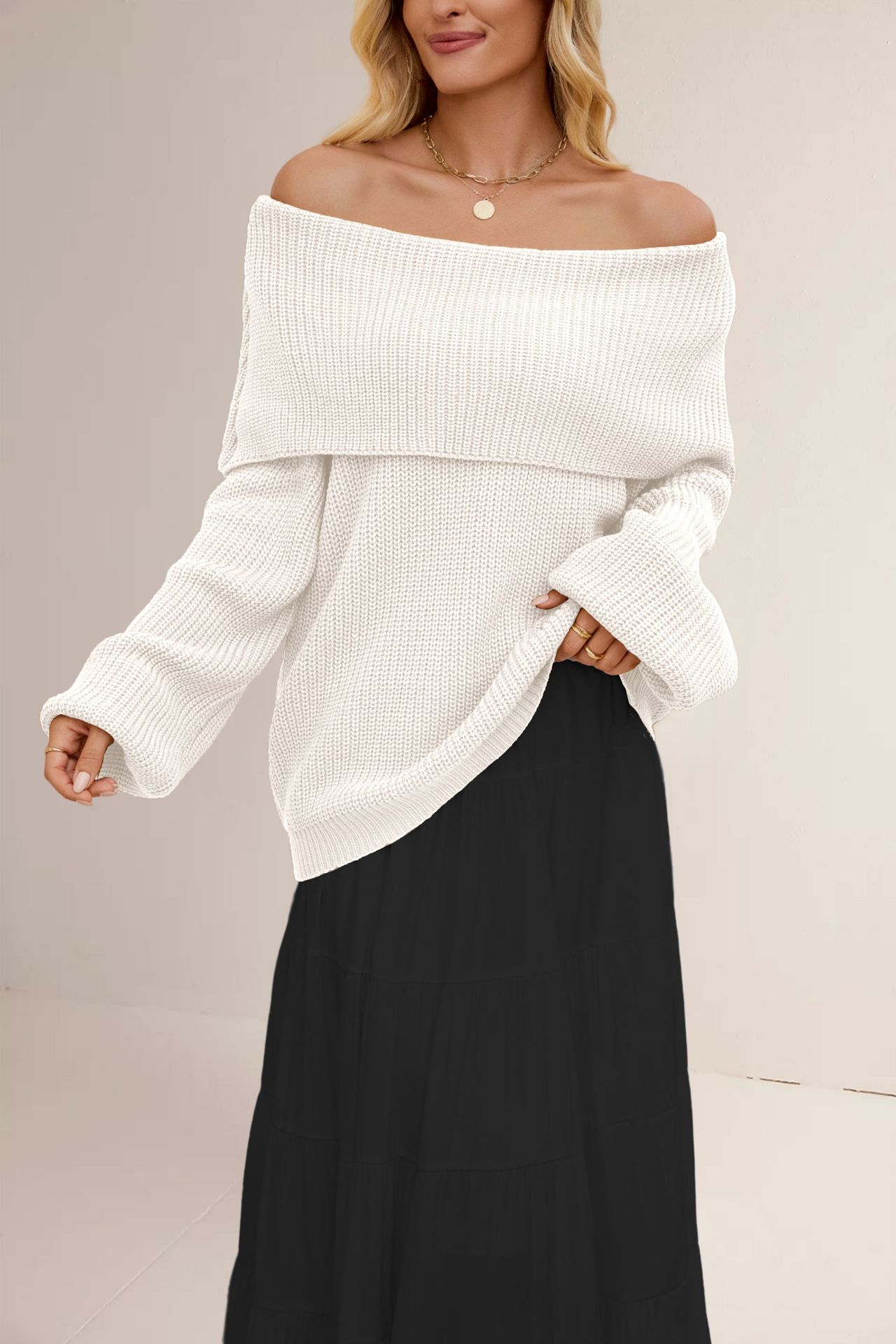 Women's Off-Shoulder Knit Sweater Loose Fit Long Sleeve Pullover