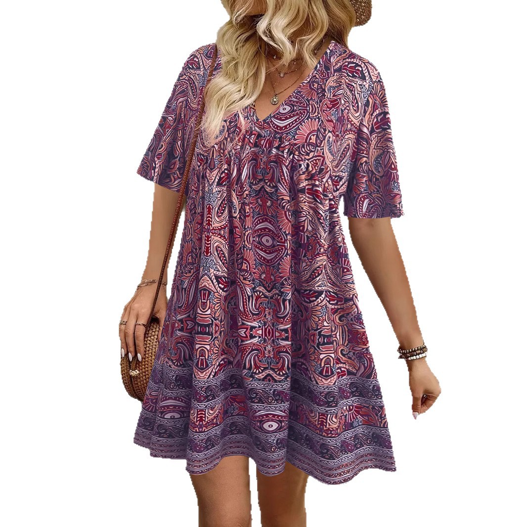 V-Neck Geometric Print Short Sleeve Casual Dress