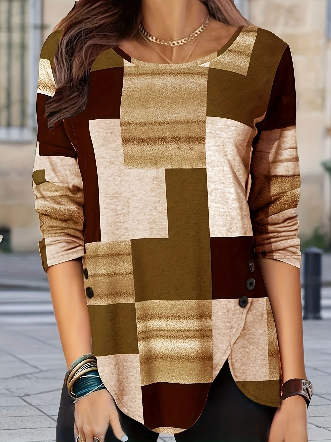 Plaid Crewneck Pullover Long Sleeve Knit Top