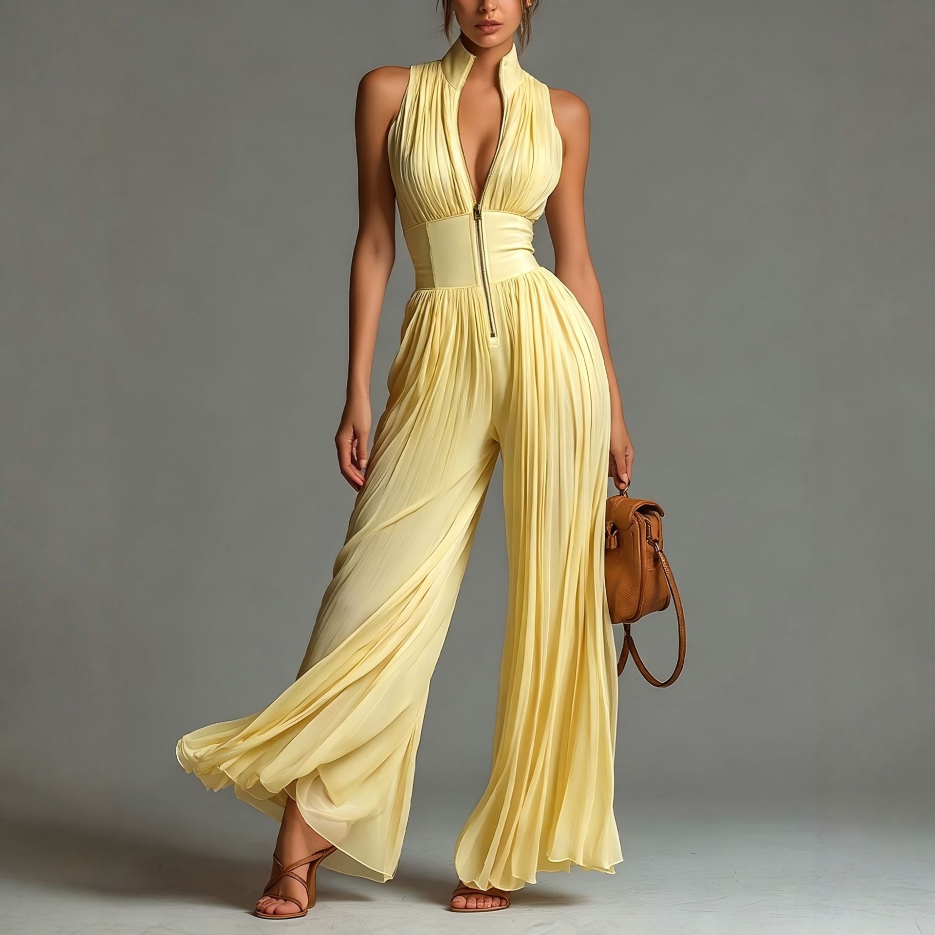 Women's Pleated Halter Wide-Leg Jumpsuit