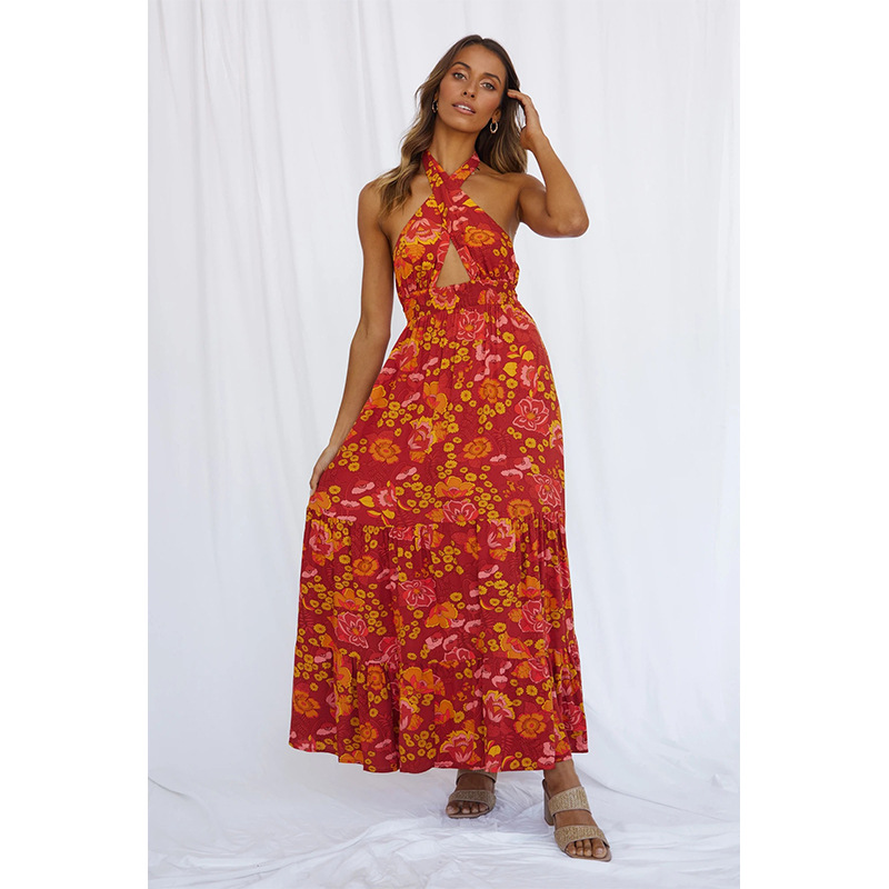 Sexy Halter Tie Split Print Vacation Dress