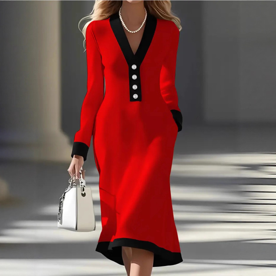 Elegant Color-Block V-Neck Midi Dress for Commuting
