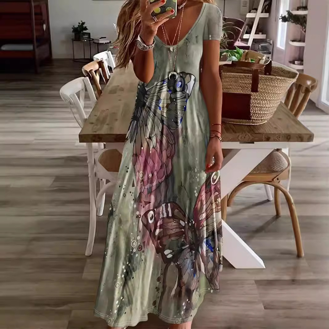Women's Short Sleeve V-Neck Butterfly Print A-Line Maxi Dress