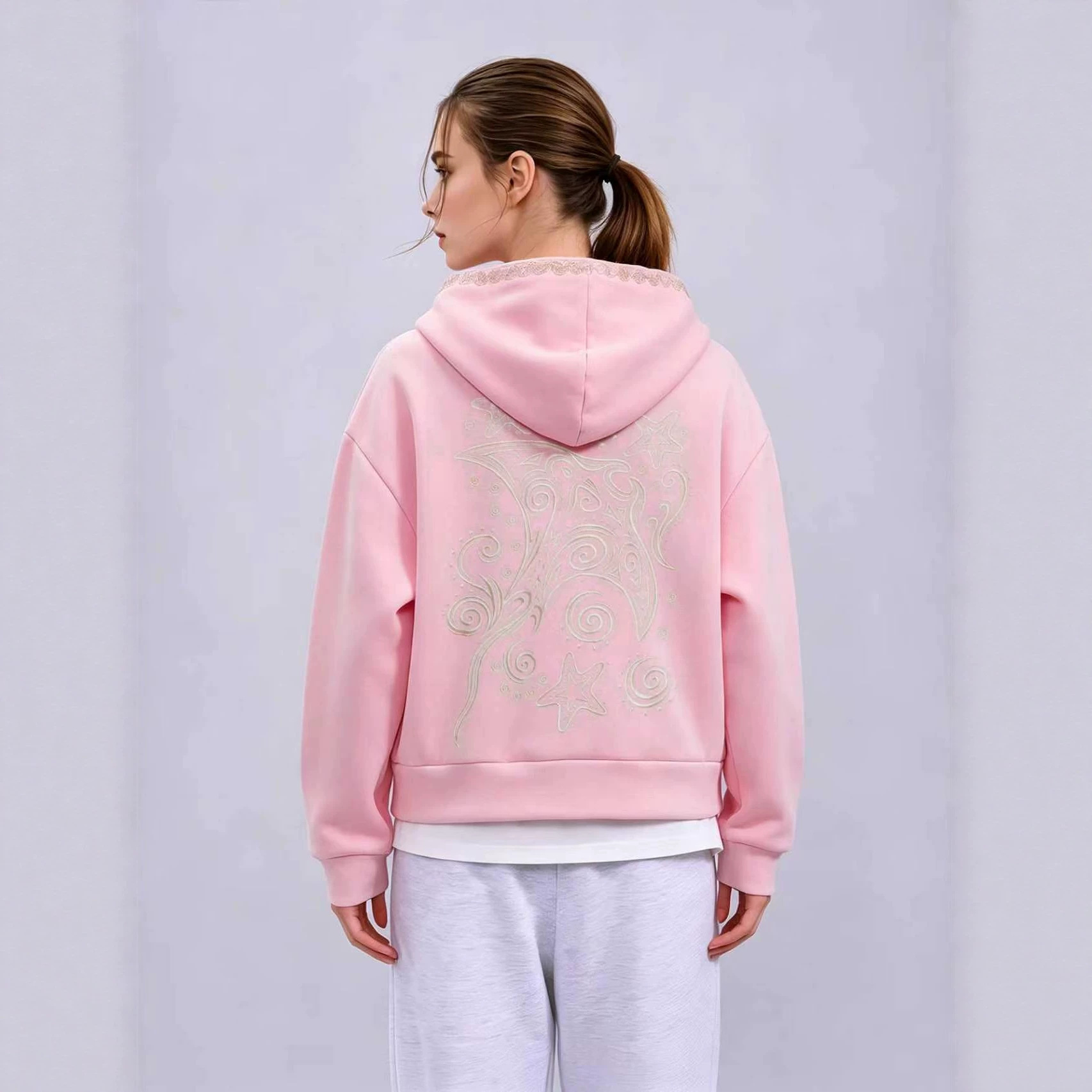 Women's Embroidered Hooded Sweatshirt Waist-Cinched Cropped Pullover