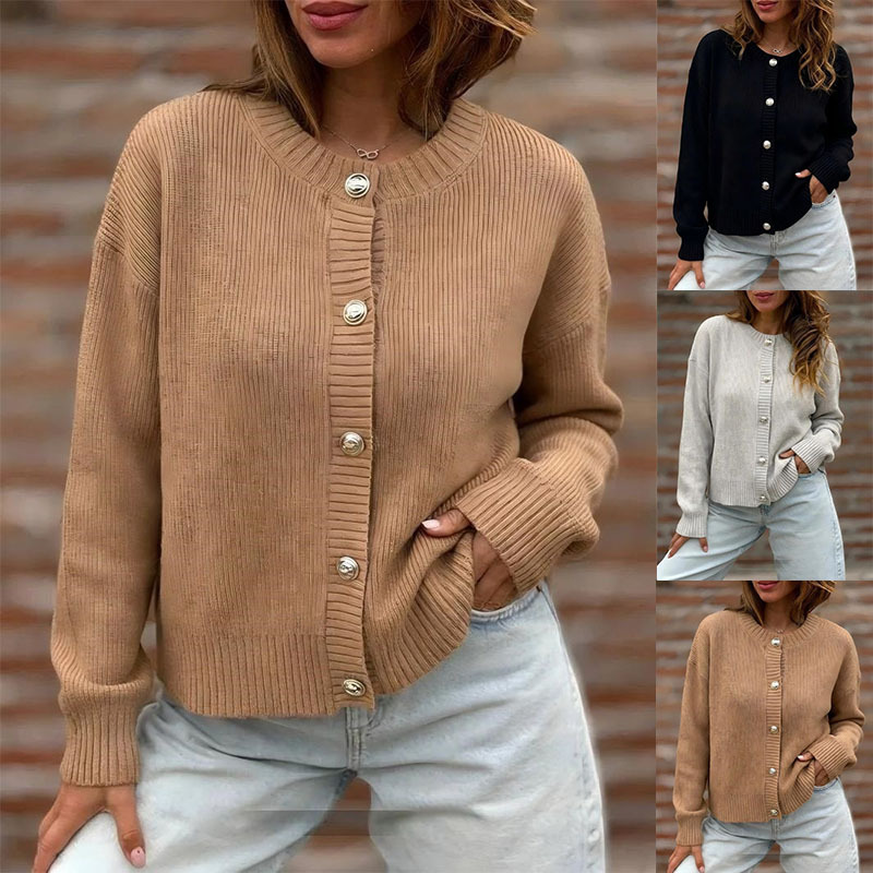 Women's Solid Button-Front Long-Sleeve Cardigan Sweater