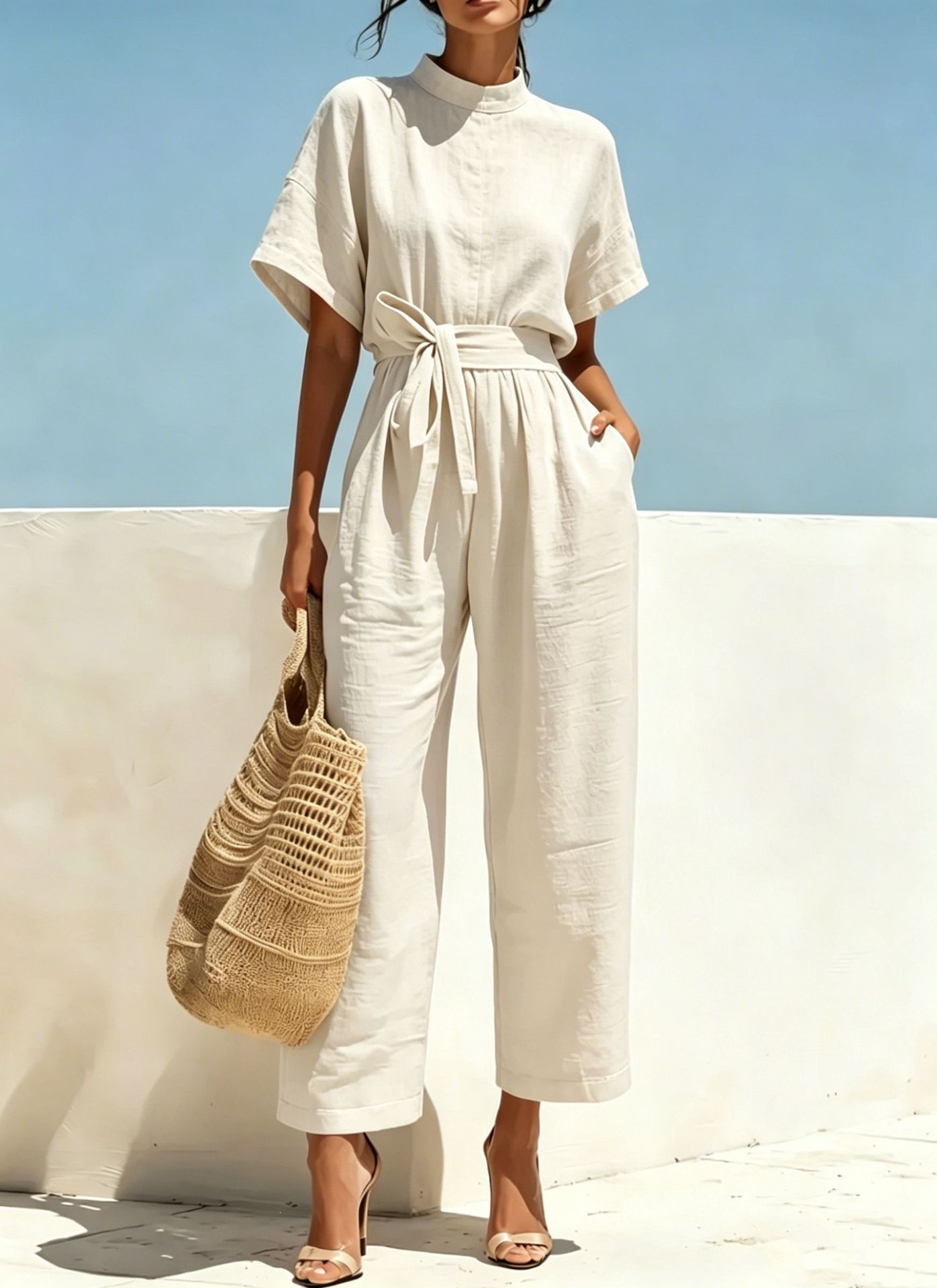 Women's Half-Turtleneck Wide-Leg Jumpsuit Solid Color