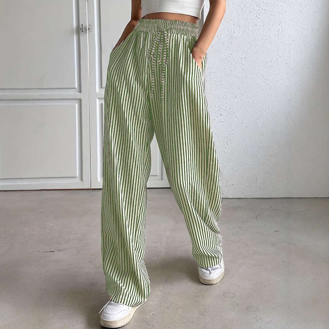 Striped Wide-Leg Drawstring Pants with Pockets