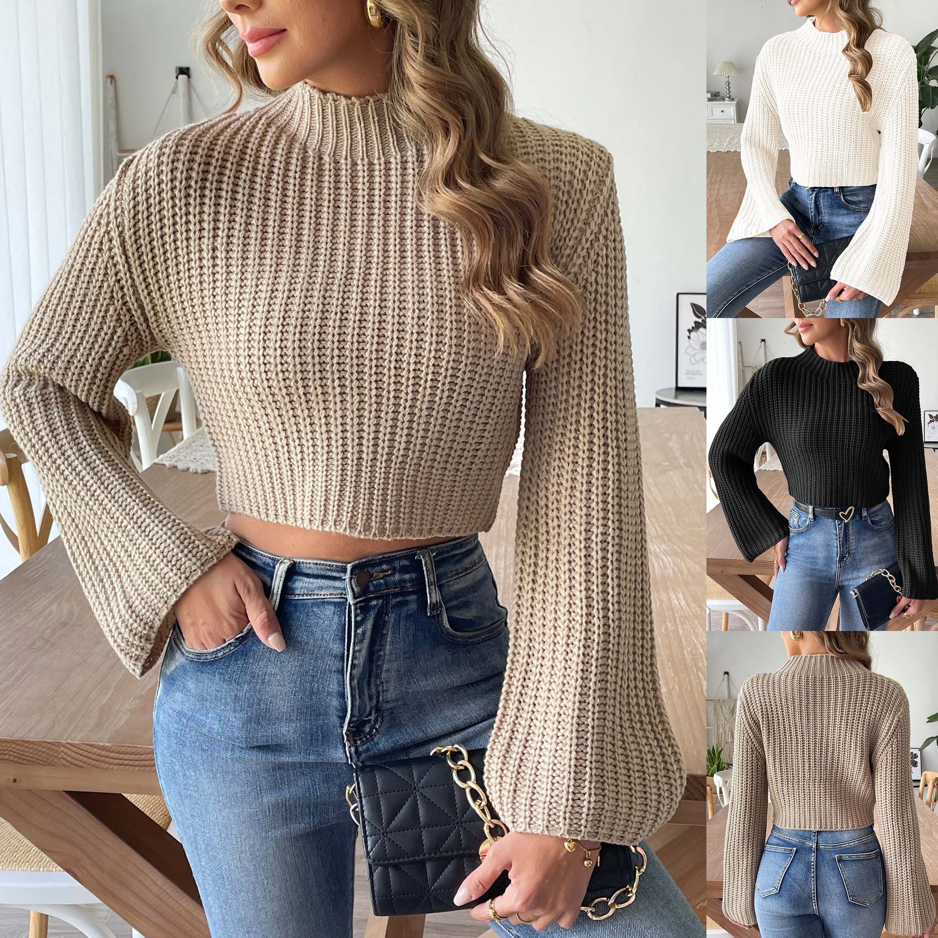 Women's Cropped Mock Neck Sweater with Bell Sleeves
