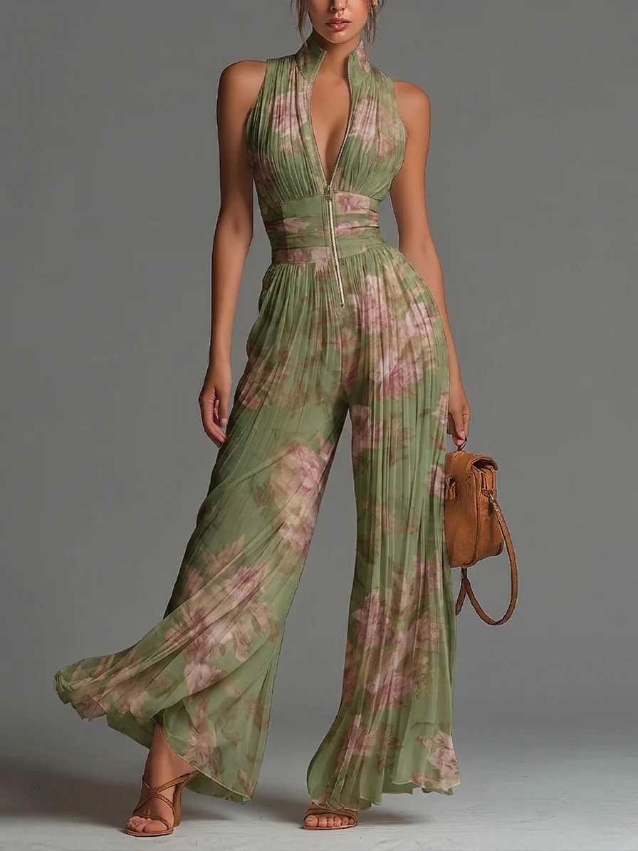 Women's Printed Mesh High-Waist Split Thigh Sleeveless Jumpsuit