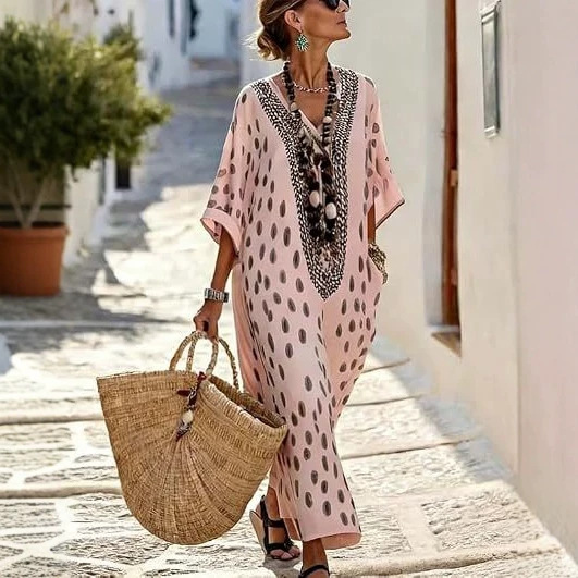 Women's Floral Polka Dot Print Midi Dress Deep V-Neck Five-Sleeve Slim Fit Casual