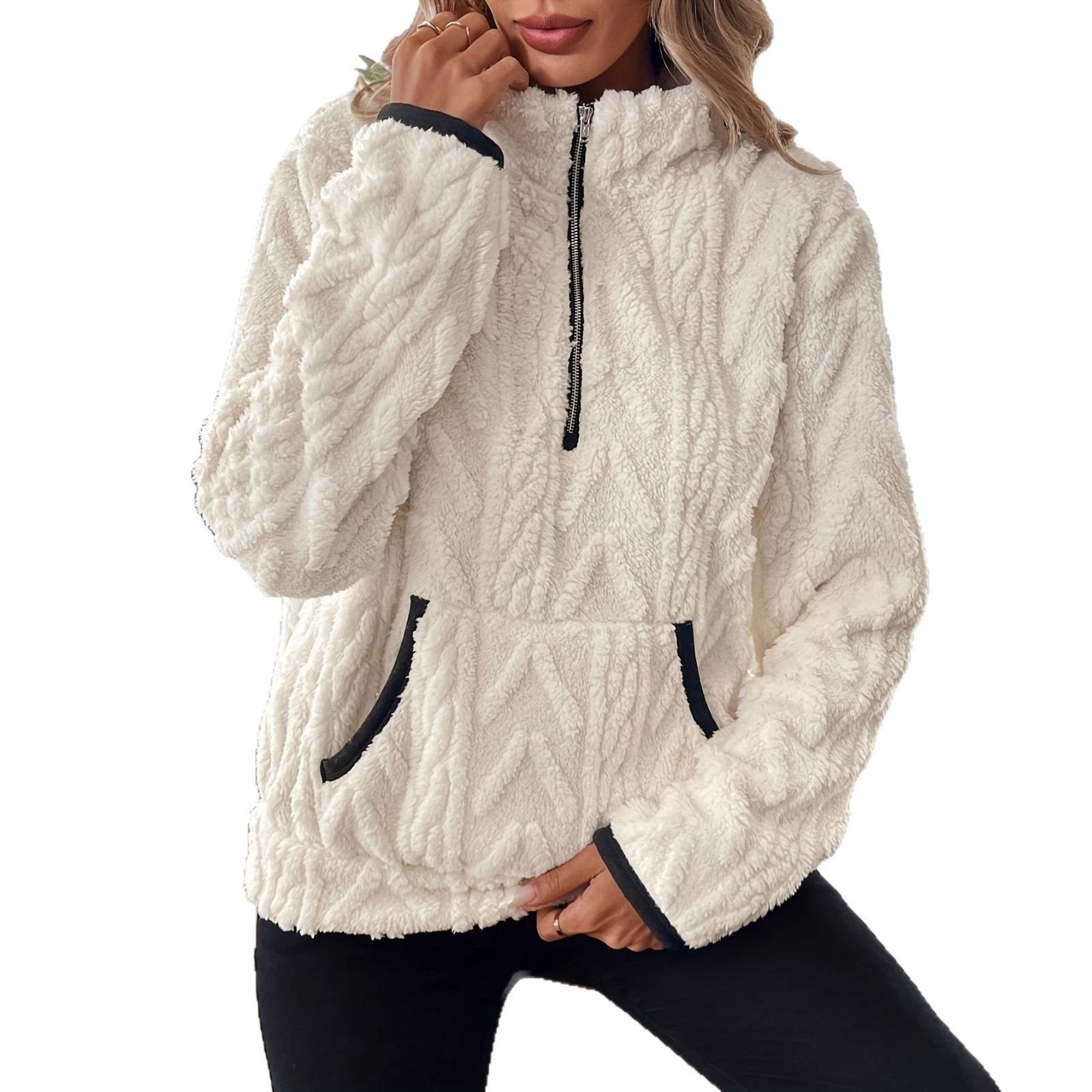 Collared Jacquard Half-Zip Fleece-Lined Short Hoodie with Pockets