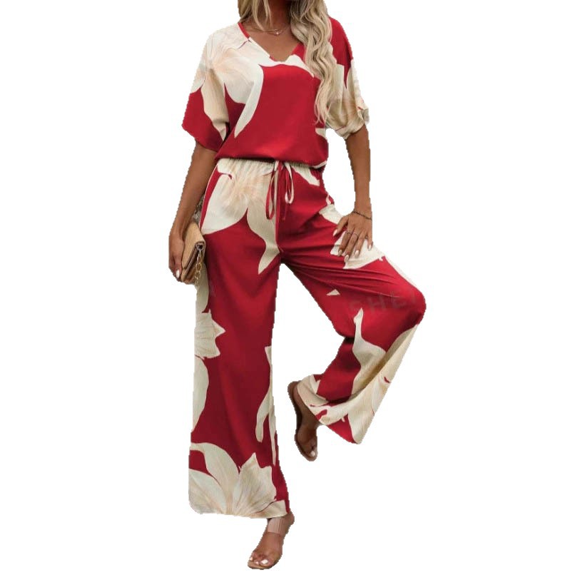 Women's Printed Casual Two-Piece Set Short Sleeve T-Shirt & Wide-Leg Pants