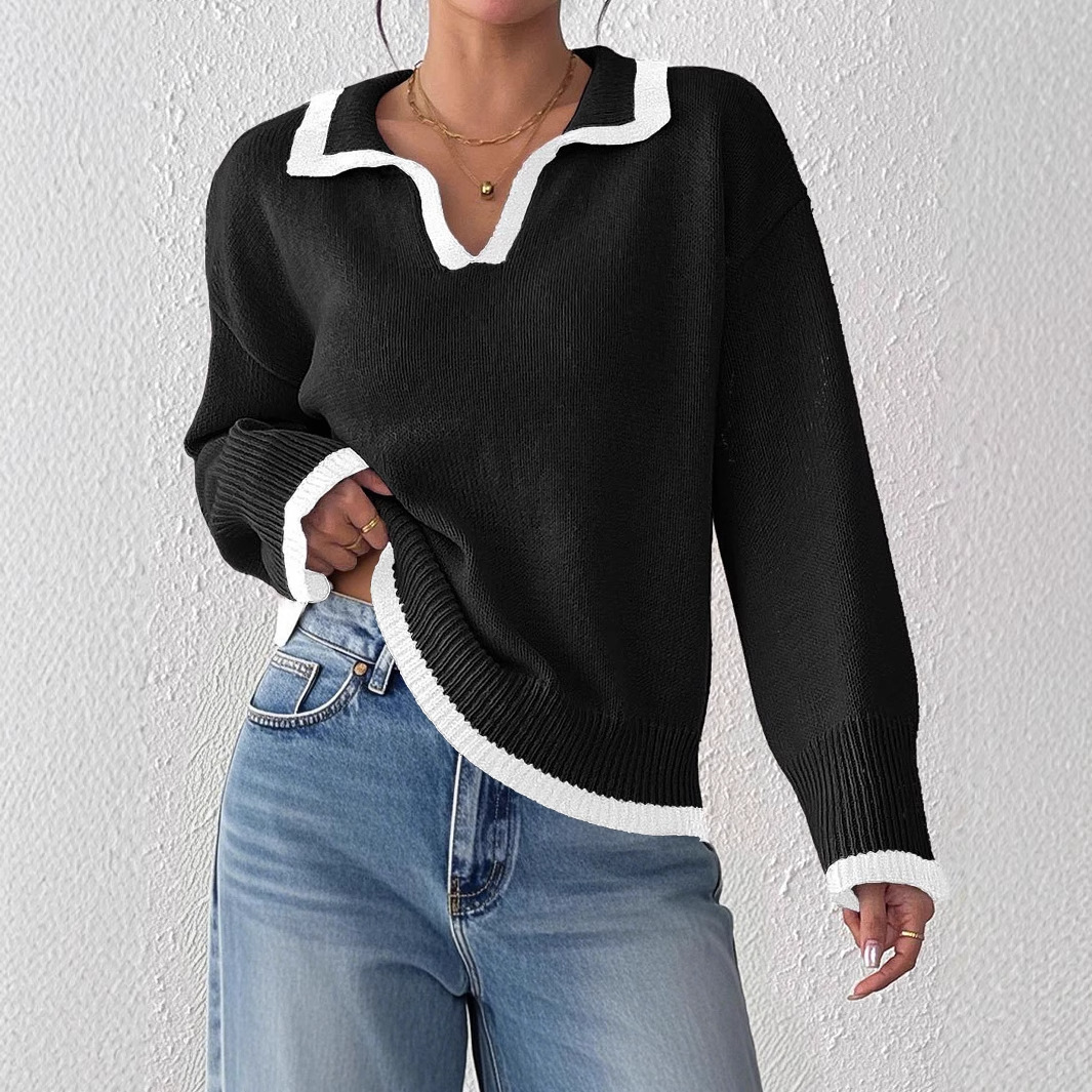 Women's Color-Block Polo Collar Pullover Sweater