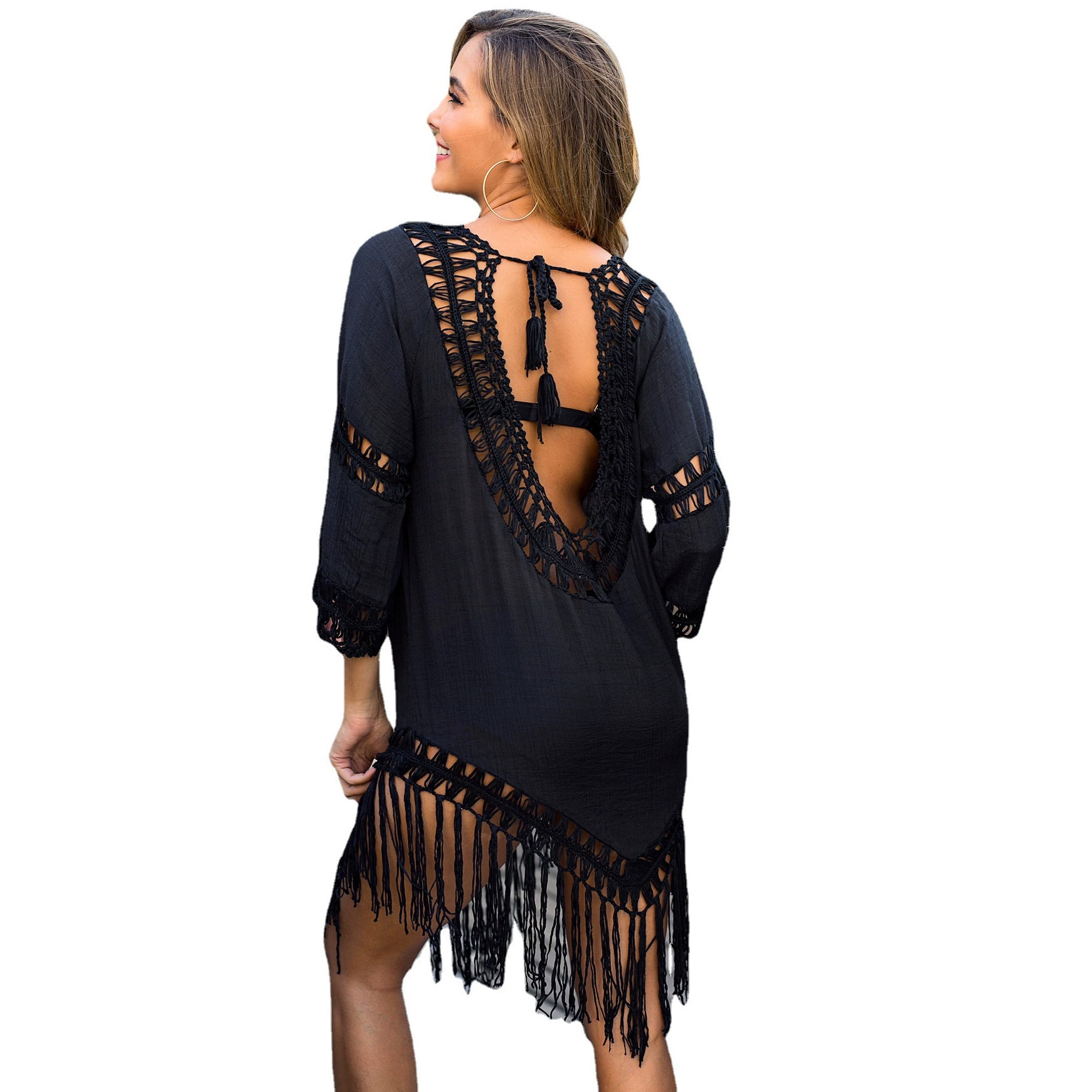 Women's Crochet Fringe Open Back Tie Beach Cover-Up