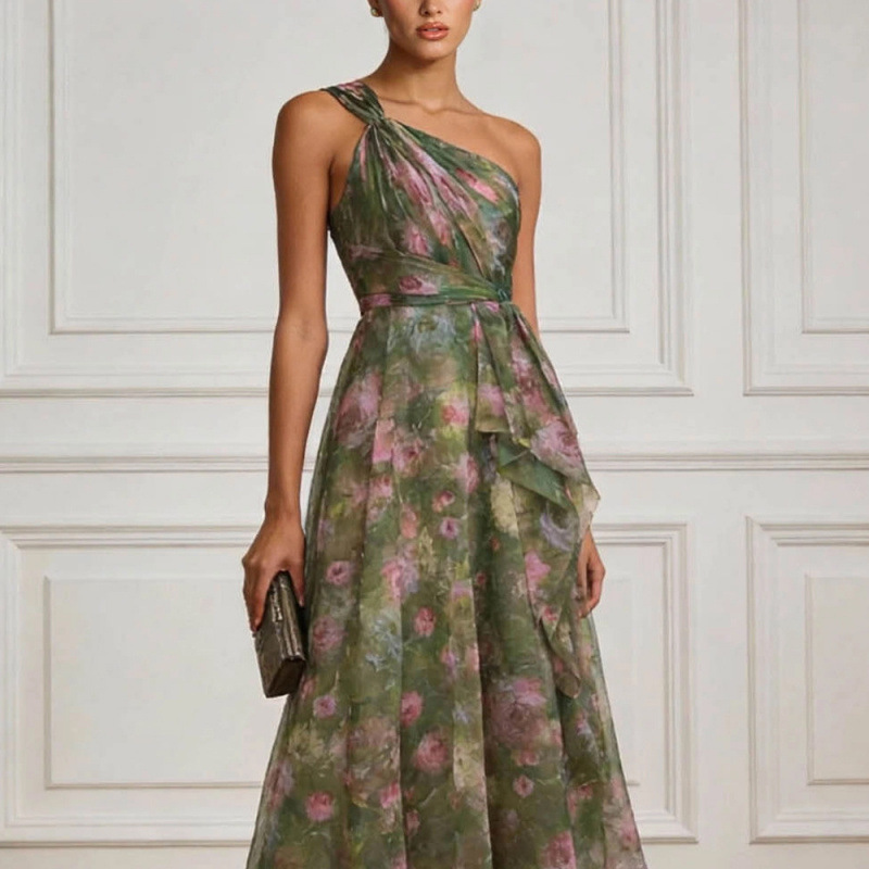 Irregular Floral Print Sleeveless High-Waist Slimming Dress