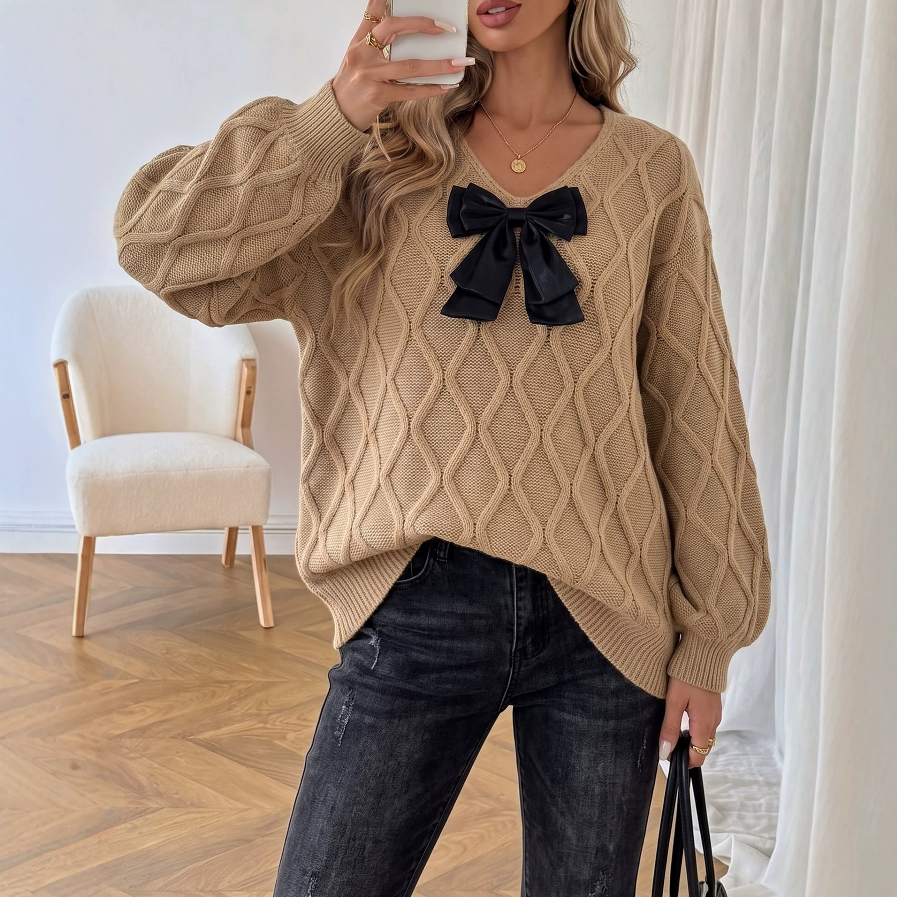 V-Neck Bow Long-Sleeve Loose Knit Sweater