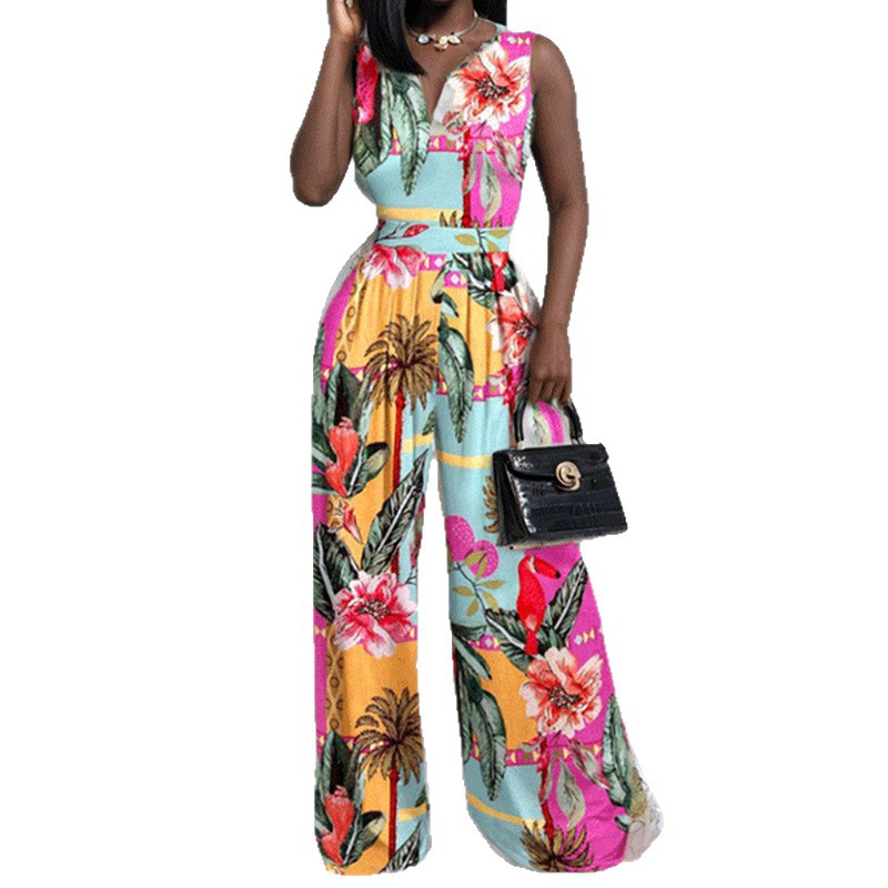 Women's Printed Sleeveless Round Neck Wide-Leg Jumpsuit
