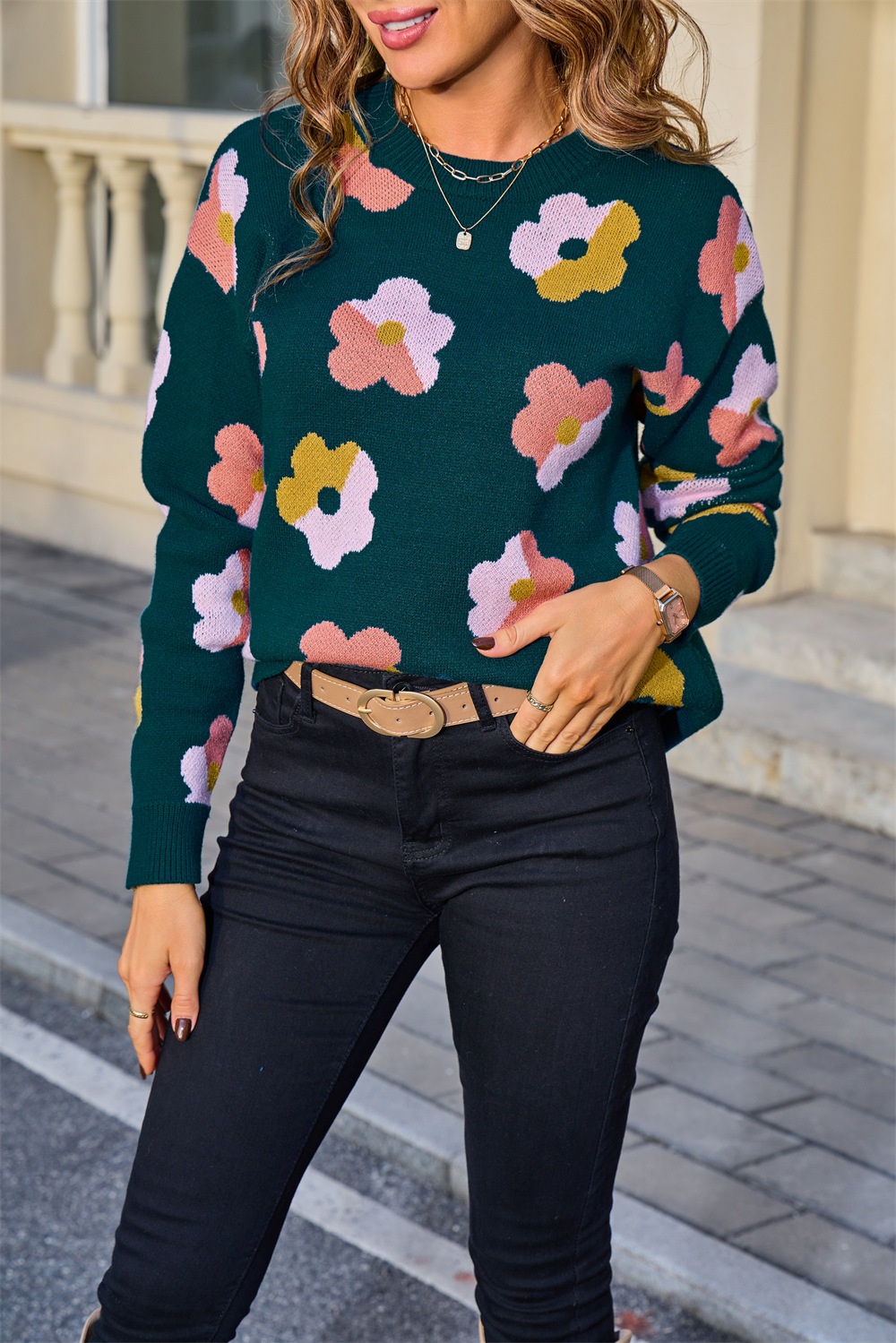 Plus Size Floral Colorblock Knit Sweater Long Sleeve Crew Neck Pullover