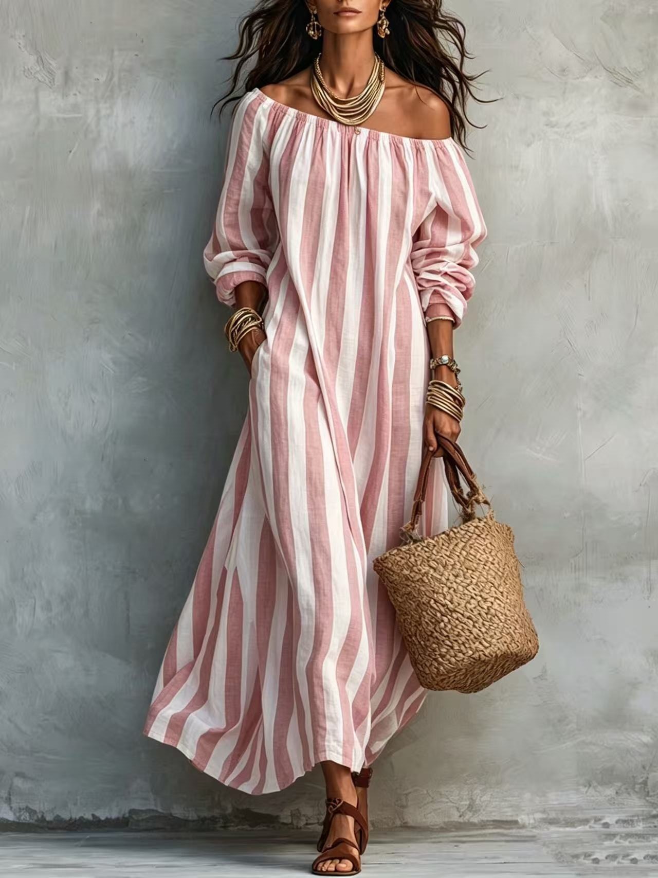 Striped Off-Shoulder Long-Sleeve Maxi Dress