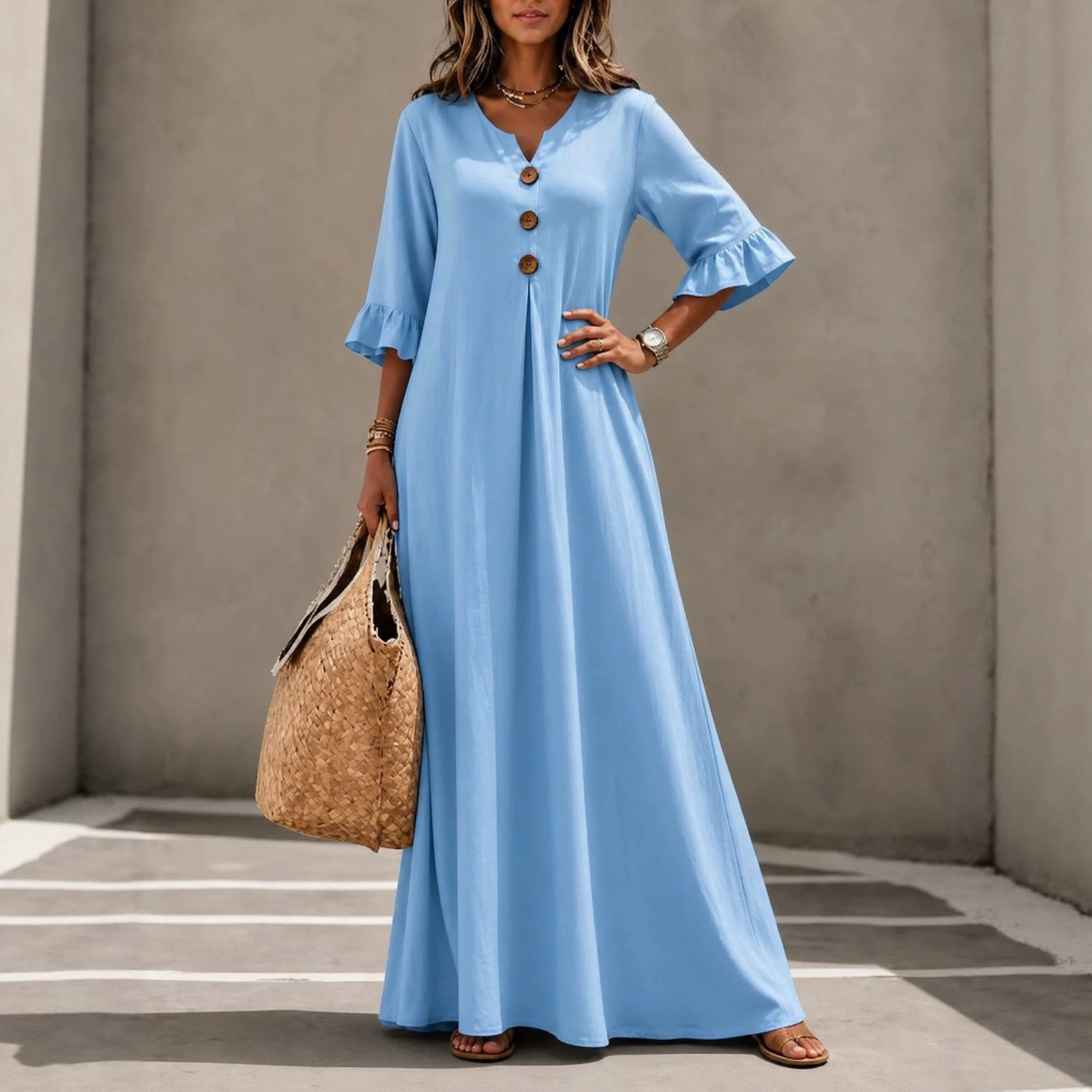 Women's Solid V-Neck Wood Button Ruffle Sleeve Pocket Dress