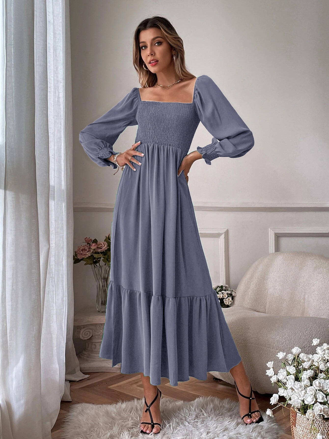 Square Neck Ruffle Long Sleeve High Waist Bodycon Dress