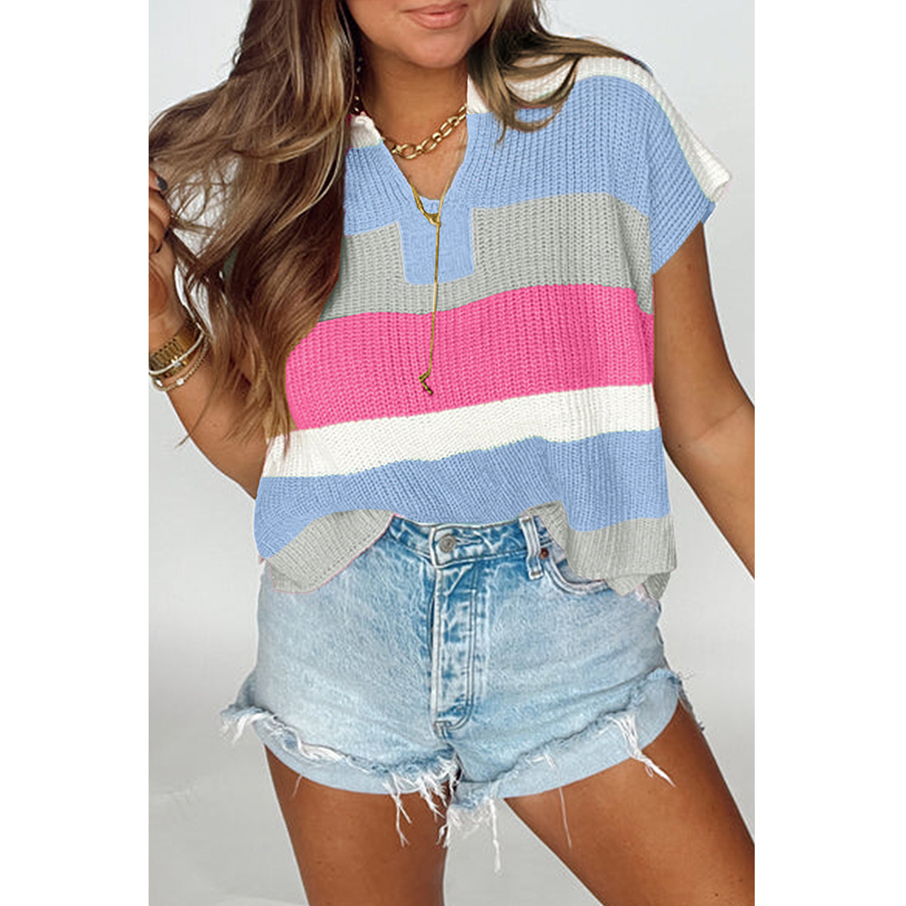 Women's Colorblock U-Neck Short Sleeve Knit Top Casual Pullover