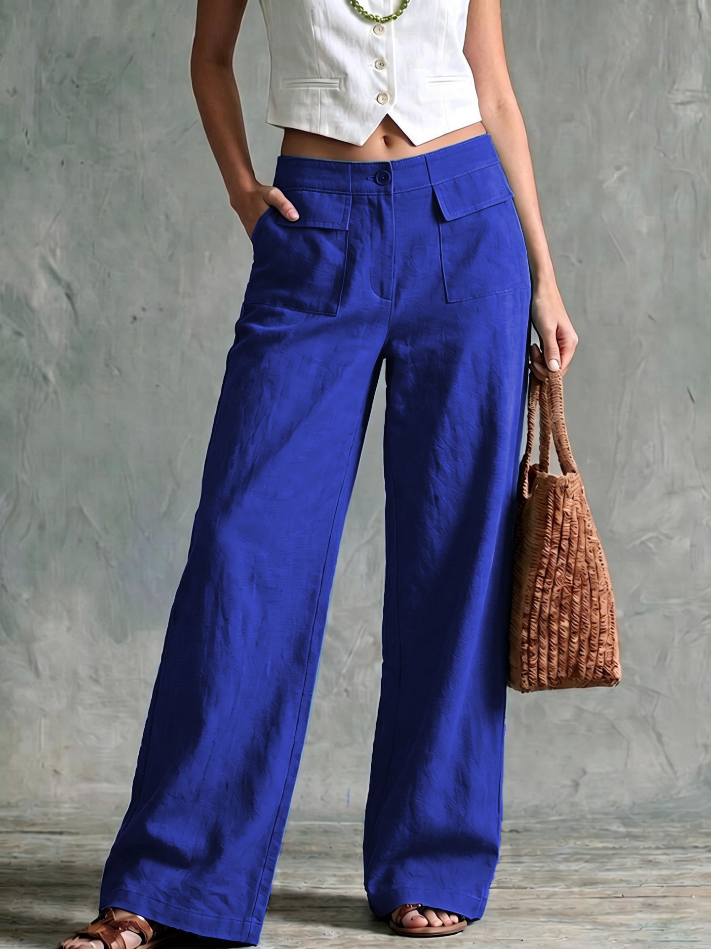 Women's Solid Cotton-Blend Wide-Leg Pants High Waist Loose Casual