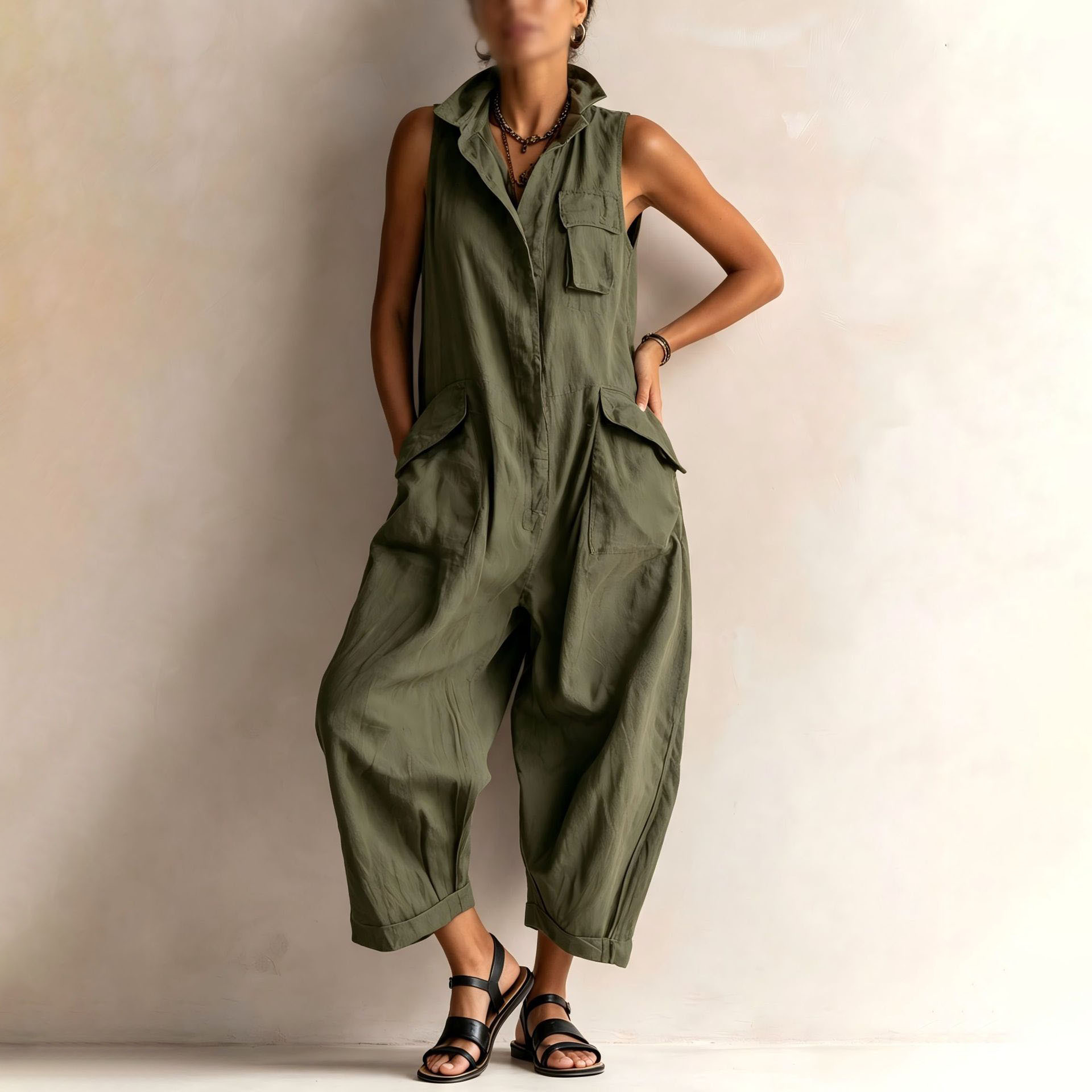 Women's Casual V-Neck Jumpsuit Solid Color Minimalist